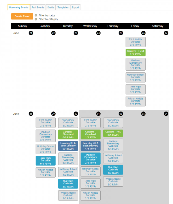 Pasadena Educational Foundation Calendar with Track It Forward showcasing many events per week , color-coded 